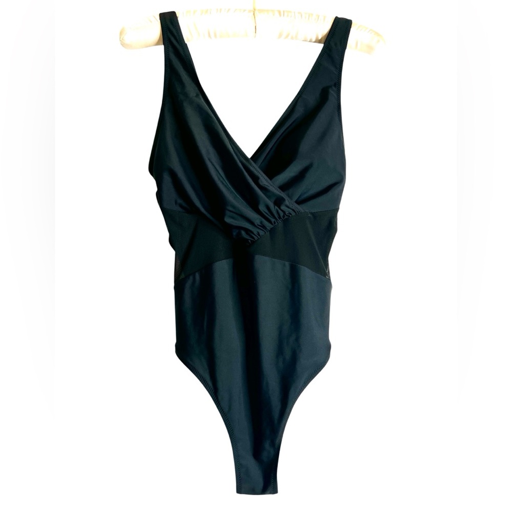 Blooming Jelly Black One-Piece Swimsuit – Mesh Panels, Crisscross Back
